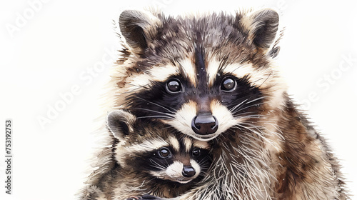 Charming depiction of mother and baby raccoons against a white isolated background in a watercolor style