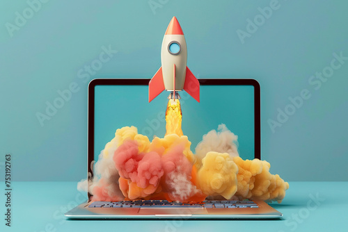 Rocket coming out of a laptop.Blue background. Generative AI