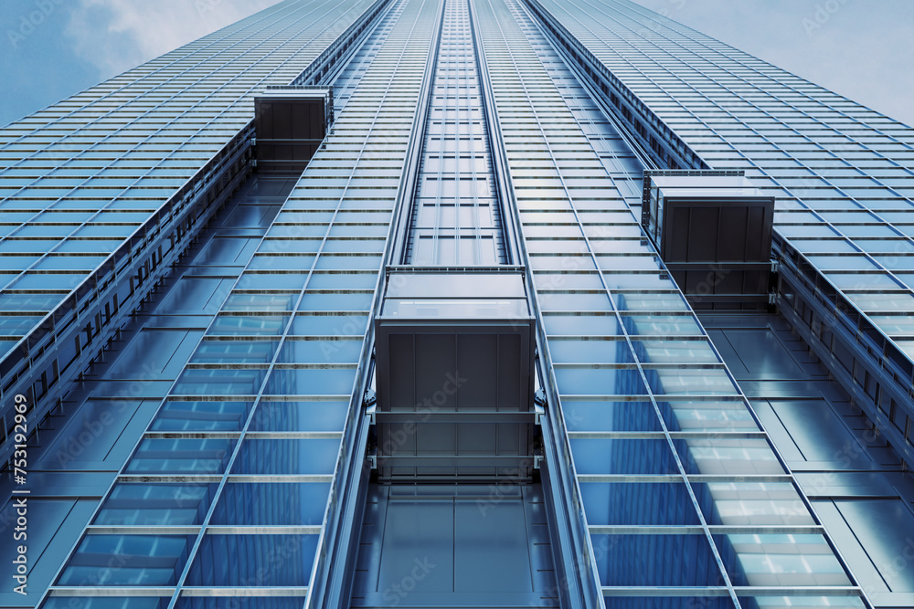Three external elevators going up along a skyscraper. Reflective glass facade