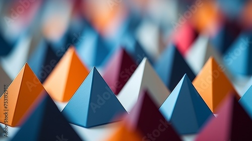 Abstract geometrical background showcases colorful paper pyramids, adding visual interest with selective focus on the vibrant shapes. photo