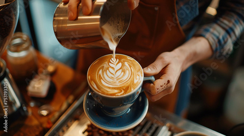 A talented barista meticulously crafting a beautiful latte art design in a cozy café setting. 