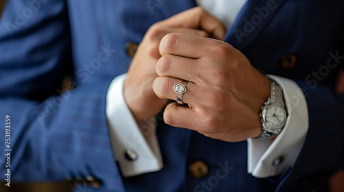 Close-up of a well-groomed man's hands fastening cufflinks, adding a touch of sophistication to his attire.