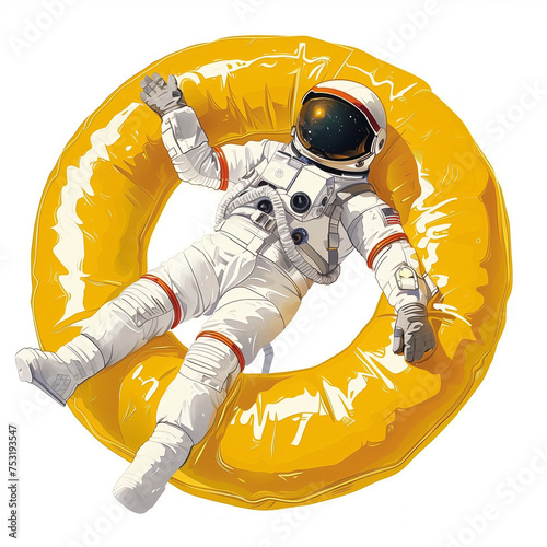 illustration of astronuat lying on yellow swinmming pool ring in space isolated on white background photo