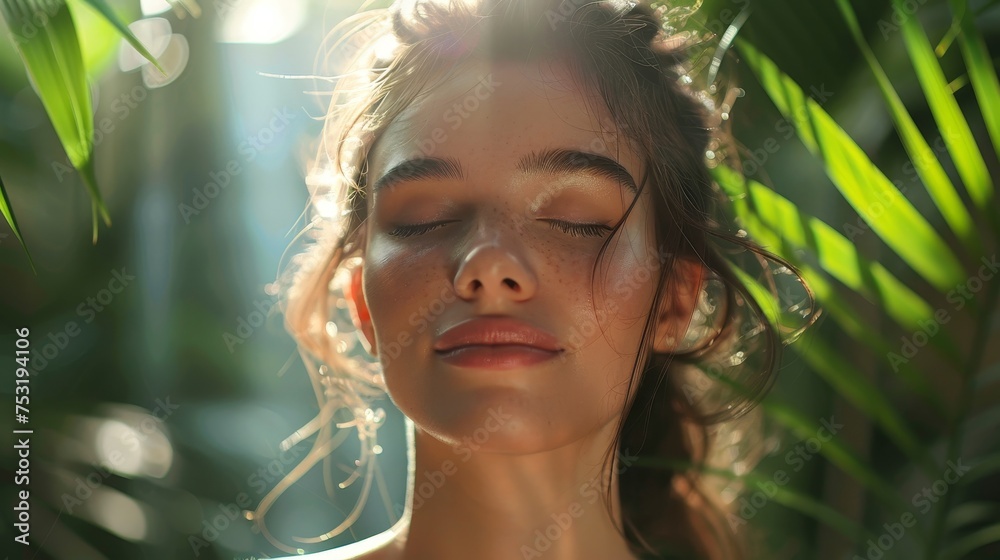 Young woman with closed eyes among green leaves. Wellness and natural beauty concept. Young woman with closed eyes among green leaves. Wellness and natural beauty concept.