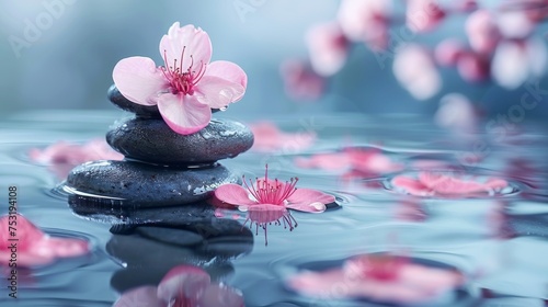 Zen stones and cherry blossoms on water. Spa and relaxation concept.