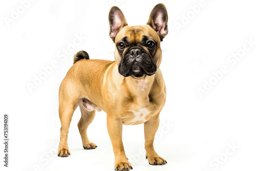 A French Bulldog stands proudly against a pristine white backdrop