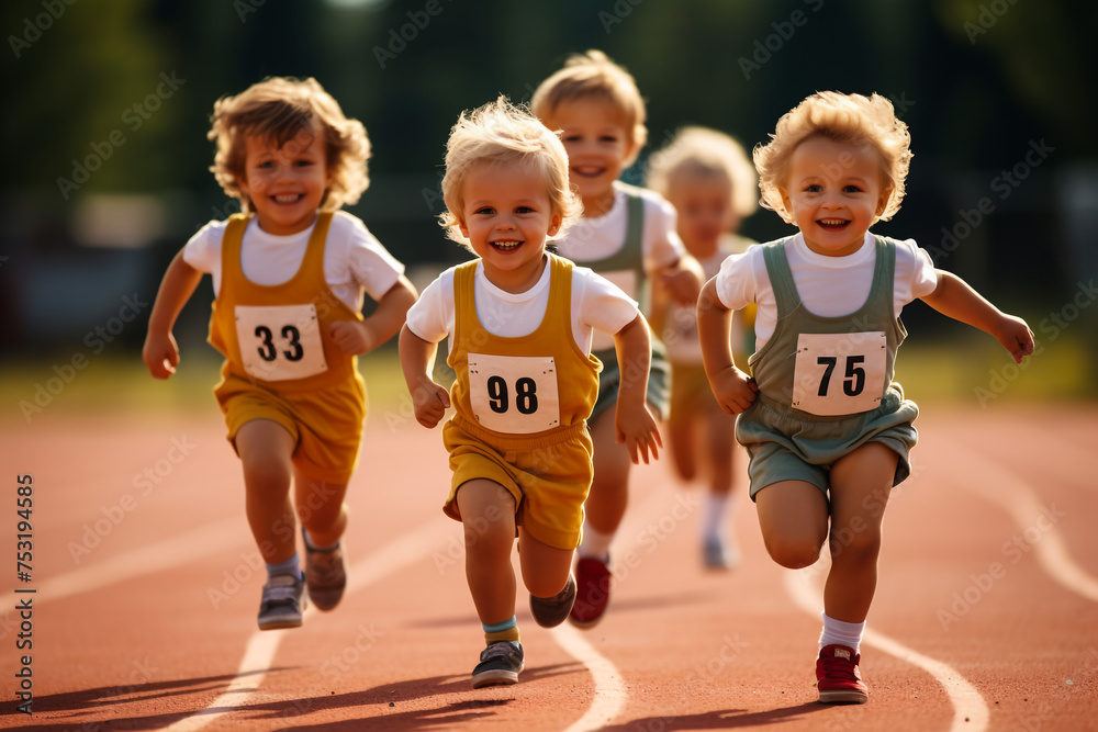 Large group of multi generation people running a race competition in nature.