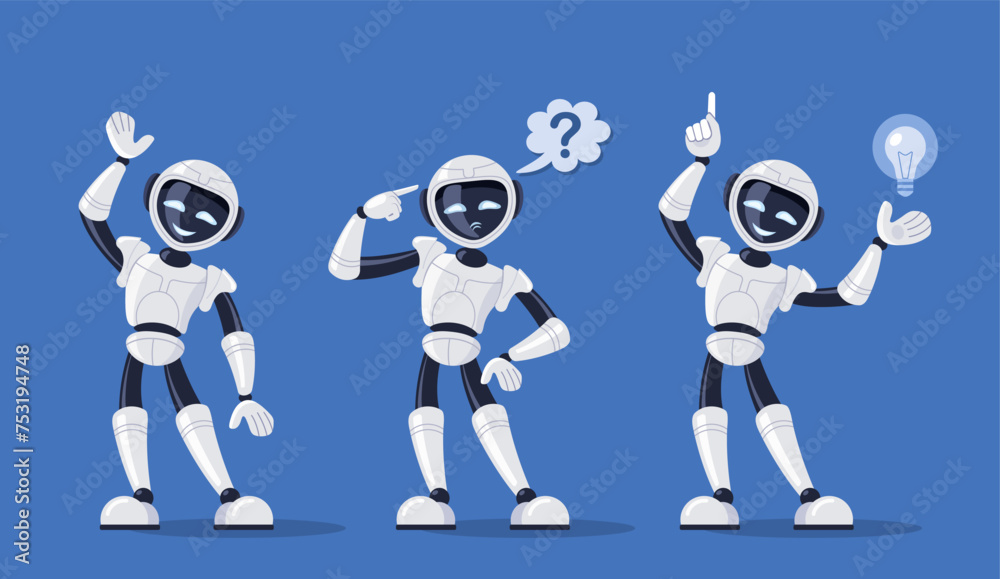 Set of robotic chat bots in different poses. Cute smiling robot chat bot raised his hand in greeting. The robot thought about it and found a solution. Vector illustration isolated on blue background.