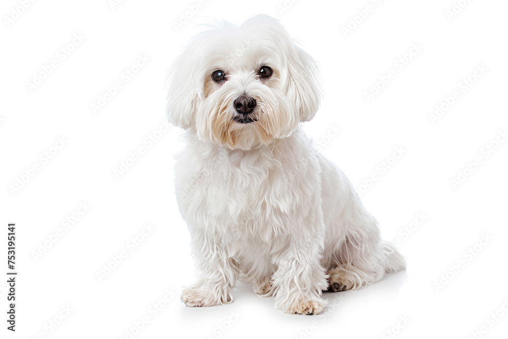 A Maltese Bichon dog poses gracefully against a pristine white backdrop