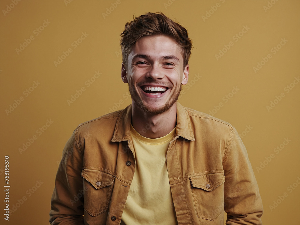 Funny smiling funny young man laughs at the camera, photo studio, Joy Unleashed, The Infectious Laughter of a Dashing Young Man, Yellow background Funny smiling funny young man laughs at the camera, photo studio, Joy Unleashed, The Infectious Laughter of a Dashing Young Man, Yellow background