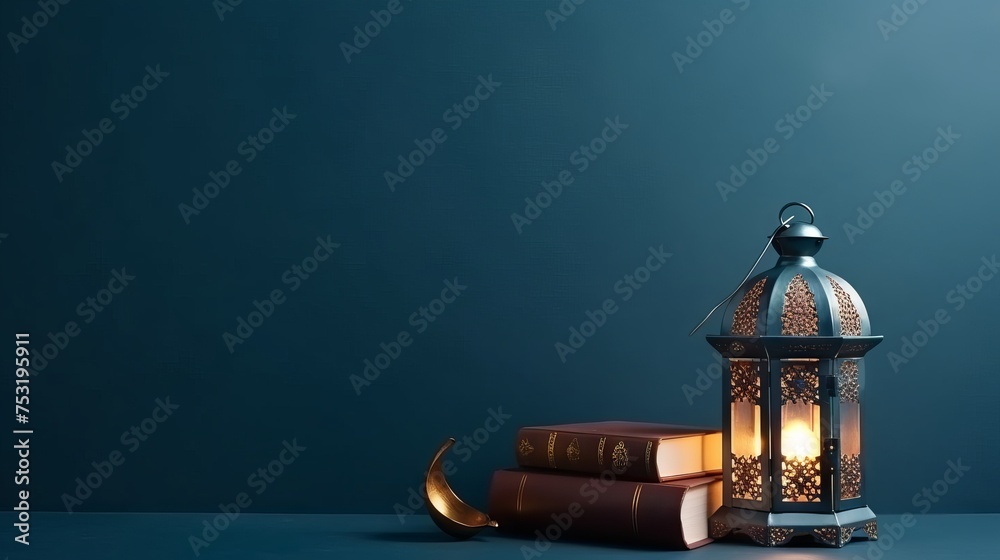 Traditional arabic cultural elements: lantern, quran, and misbaha arranged on blue background in flat lay composition - space for text
