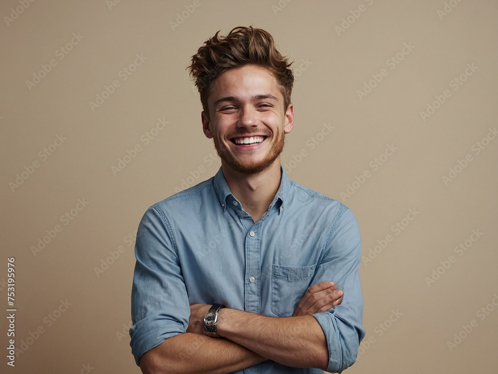 Funny smiling funny young man laughs at the camera, photo studio, Joy Unleashed, The Infectious Laughter of a Dashing Young Man, Beige background