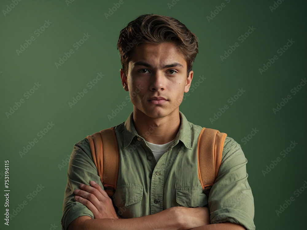 Fototapeta premium Handsome young man on camera, photo studio, Green background