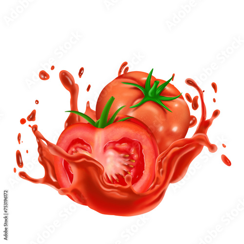 Red tomato fruit with juice splash isolated on transparent background