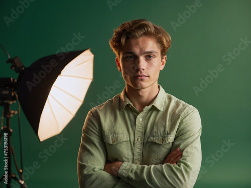 Handsome young man on camera, photo studio, Green background