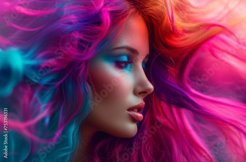 Surreal and artistic portrait of a woman with vibrant neon hair and makeup  evoking a dream-like fantasy atmosphere