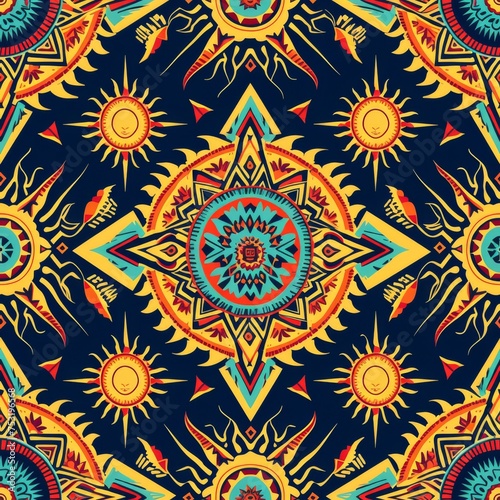 A vibrant seamless pattern featuring Aztec-inspired suns and warrior iconography in a warm, bold palette, perfect for textiles and decor.
