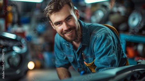 portrait of a young handsome auto mechanic who repairs a car