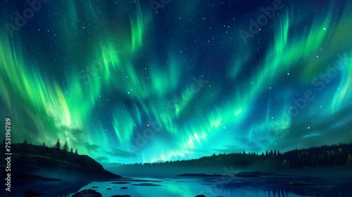 Gentle waves of green aurora flow above tranquil waters  bordered by dark forest  showcasing Earth s quiet night-time beauty.