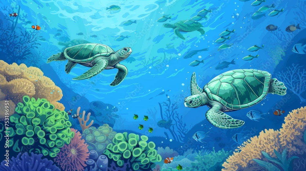 Fototapeta premium A colorful illustration capturing the dynamic and rich underwater world, with sea turtles swimming among teeming coral reefs and schools of fish.