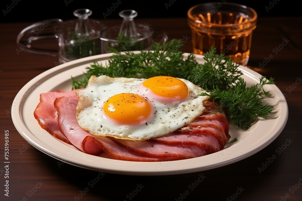 Fried eggs and sausage and becon on a plate in hotel room background for breakfast Fried eggs and sausage and becon on a plate in hotel room background for breakfast