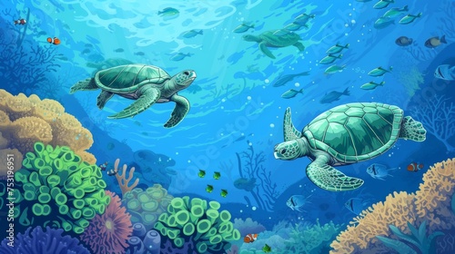 A colorful illustration capturing the dynamic and rich underwater world  with sea turtles swimming among teeming coral reefs and schools of fish.