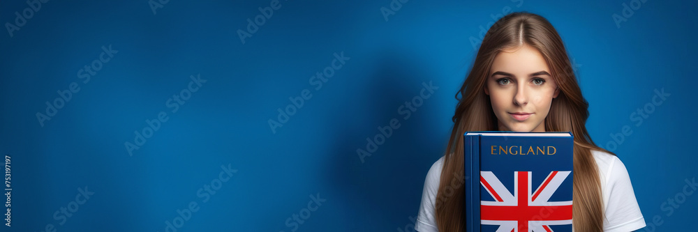 Cute schoolgirl holding blu English book on blue background. Copy space banner. Speak english and learn language concept - obrazy, fototapety, plakaty 