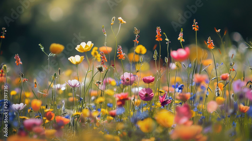 springtime flower meadow, blooming field background