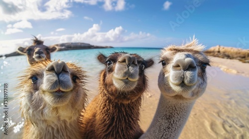 Camels on the beach taking a picture together