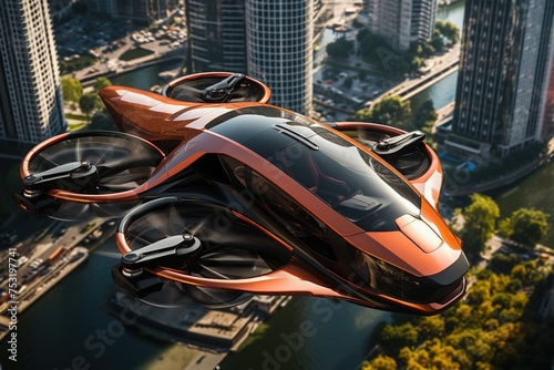 Futuristic flying car hovering over the banks of a river in a metropolis with a green park and houses © Маргарита Вайс