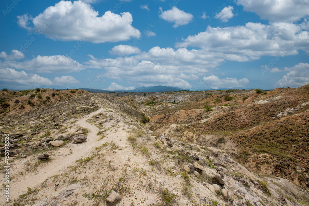 Panoramic landscape on the Los Hoyos trail. Dunes and mountains that form labyrinths. Desierto de la Tatacoa, Colombia.