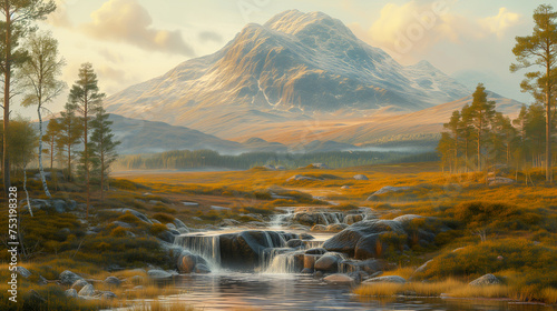 Majestic mountain with a waterfall and river in a beautiful, golden-lit, moorland landscape