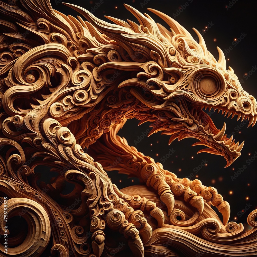 A beautiful wood carving of a dragon elaborated into amazing wood details, expression