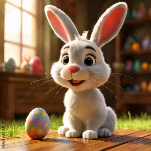 Cute 3d cartoon style easter bunny in a grassy room with easter eggs