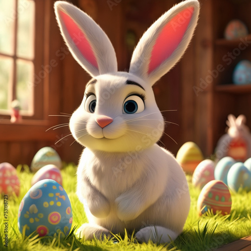Cute 3d cartoon style easter bunny in a grassy room with easter eggs