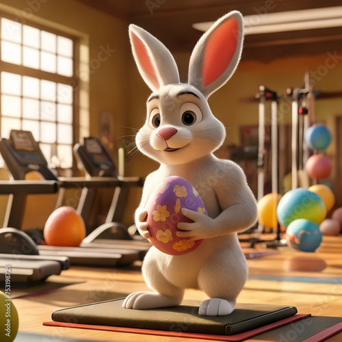 Cute 3D cartoon style Easter bunny in a gym training as a personal trainer and holding an Easter egg as if it were a dumbbell