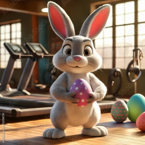 Cute 3D cartoon style Easter bunny in a gym training as a personal trainer and holding an Easter egg as if it were a dumbbell