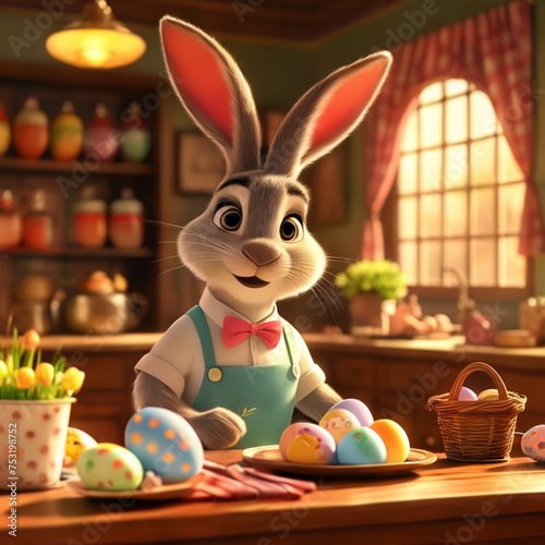 Cute 3D cartoon style Easter bunny in a kitchen working as a cook preparing Easter sweets (2)