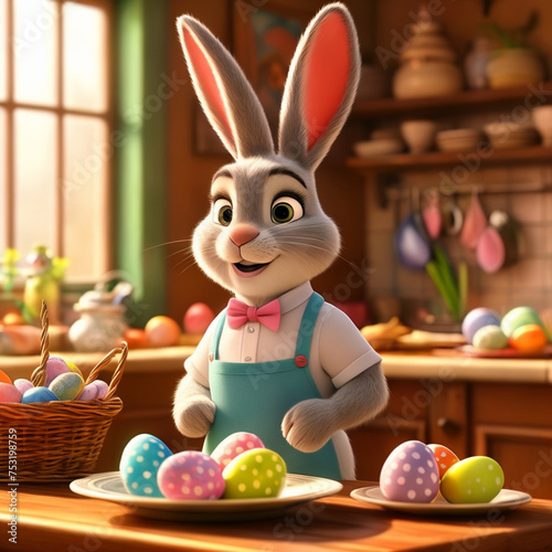 Cute 3D cartoon style Easter bunny in a kitchen working as a cook preparing Easter sweets (2)