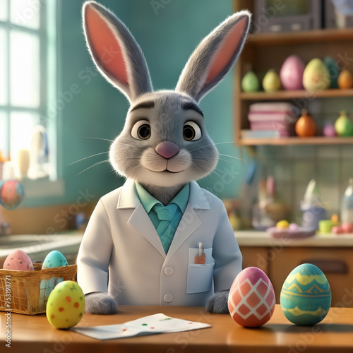 Cute Easter bunny in 3D cartoon style in a hospital doctor's office working as a doctor and nurse