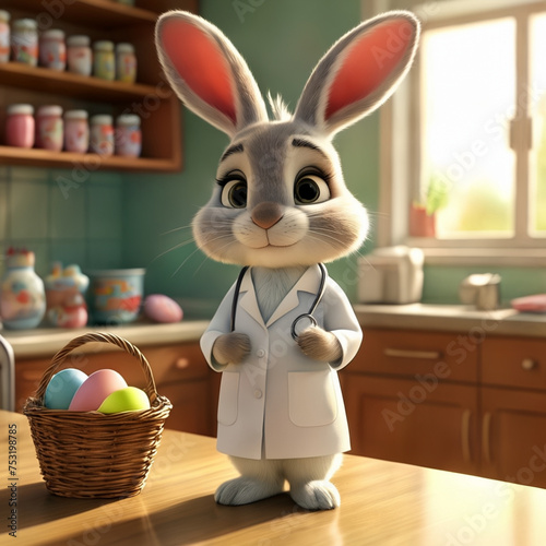 Cute Easter bunny in 3D cartoon style in a hospital doctor's office working as a doctor and nurse