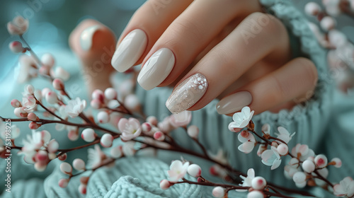 Eleganz bis in die Fingerspitzen: Zarte Hand mit stilvollem Maniküre-Design und Frühlingsblumen photo