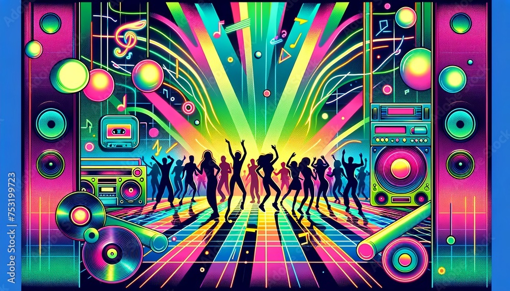 Fototapeta premium 1980 or 1990 Abstract Retro Dynamic Background. Neon style Colors. dynamic bold lines, vibrant colors.