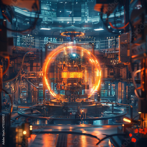 A futuristic nuclear fusion reactor core pulsating with energy magnetic fields containing the plasma visible surrounded by high tech monitoring equipment in a dimly lit room