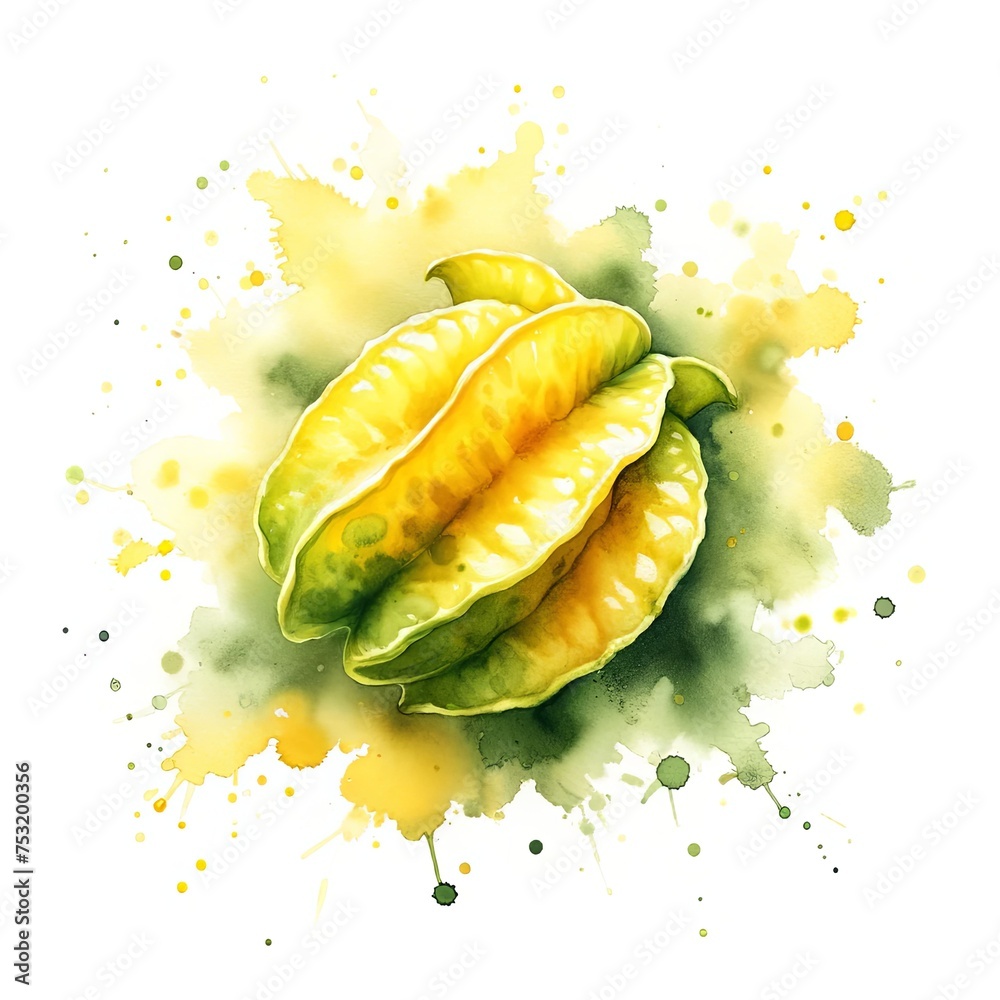 Watercolour Carambola Fruit. Abstract Watercolor Blot in Form of Ripe and Juice carambola fruit. Hand drawn style fruit watercolour composition on white background. Great for packing or product design