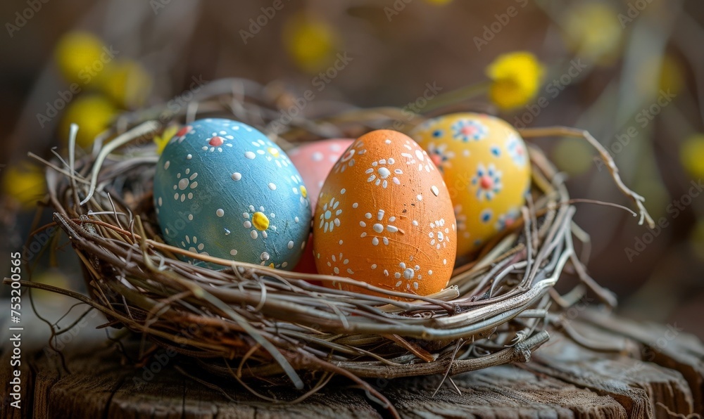 A basket overflowing with colorful Easter eggs sits on a green grassy lawn. A basket overflowing with colorful Easter eggs sits on a green grassy lawn.