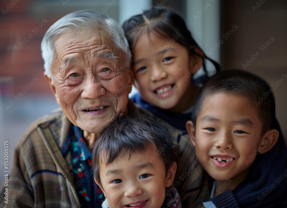 Older Asian man stands proudly with his three children Older Asian man stands proudly with his three children