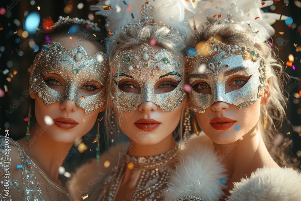 Three Beautiful women in a mysterious Venetian mask
