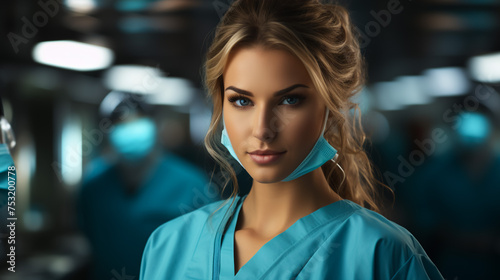 Doctor / surgeon shocked - funny. Woman closeup portrait of young doctor, surgeon or nurse surprised starring with big eyes wearing surgical mask. Asian / Caucasian female model. © AIDesign