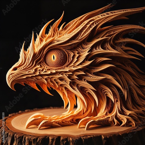 A beautiful wood carving of an eagle elaborated into amazing wood details, expression © pajus